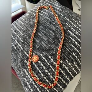 Tory Burch Orange Gold Leather Woven Chain Necklace Clasp Closure Logo Pendant